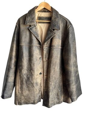 Vintage Distressed Leather Jacket Mens XL Brown Grunge Car Coat 90s Worn Patina